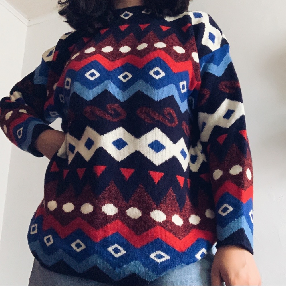 vintage colorful geometric oversized sweater